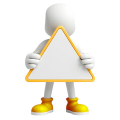 Placa de aviso triangular em branco segurada por um bonequinho 3d branco em fundo transparente