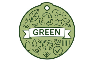 Eco Vibe Design. Green label design with eco vibes trend. Hand-drawn doodle illustration Green label design with eco vibes trend leaf badge, circular arrow,