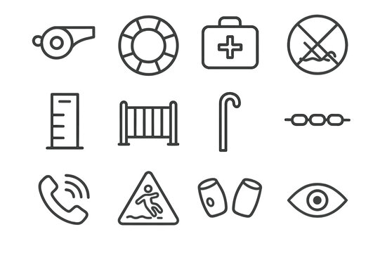 Pool Safety Icons. Pool Safety. Line icon set of Pool Safety: lifeguard whistle, life ring, first aid kit, no diving sign, depth marker, pool fence, rescue