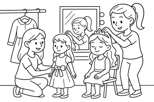 Backstage Prep Coloring. Backstage preparation children?s coloring book illustration, outlined drawing, models