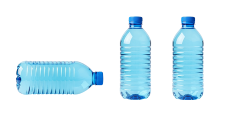 Three plastic water bottles with blue caps on a black background in a studio environment setting