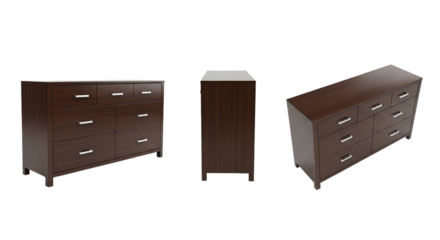 Three views of a dark brown dresser with silver handles on a plain black background studio shot
