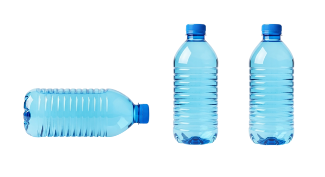 Three plastic water bottles with blue caps on a black background in a studio environment setting