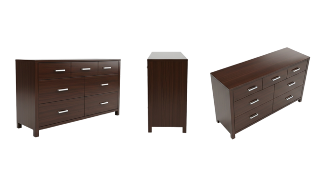 Three views of a dark brown dresser with silver handles on a plain black background studio shot