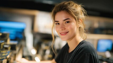 Retail employee arranging boxes of powerful graphics cards on illuminated shelves in a mining equipment store, emotion of professionalism and pride visible, highlighting cryptocurrency mining