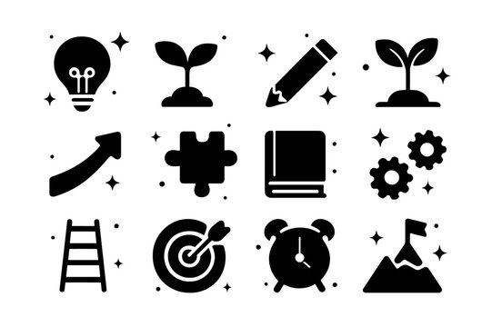 Growth Mindset Icons. Growth Mindset. Solid icons set of Growth Mindset: light bulb, plant sprout, broken pencil, seedling, upward arrow, puzzle piece, book,