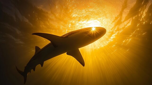 Close-up underwater shot of shark swimming towards camera.