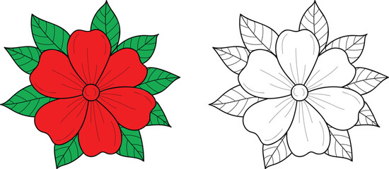 Red and Outline Flower with Green Leaves red flower petals