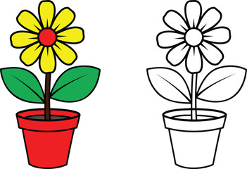 Potted Flower with Leaves Color and Outline yellow flower red center