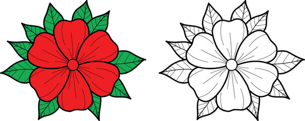 Red Flower with Green Leaves and Outline Version on White Background vector illustration