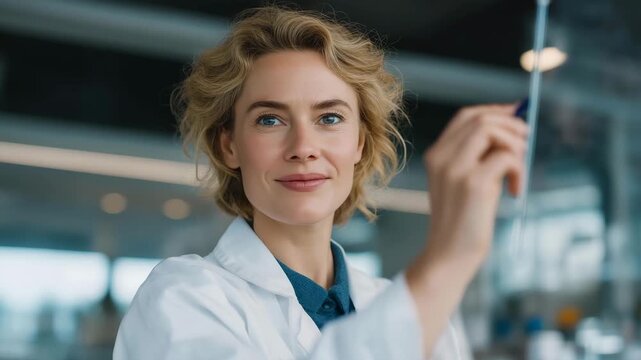 Scientist comparing real and simulated data through transparent holographic panel, emotion of satisfaction visible, representing AI validation workflows, digital twins in materials science, and