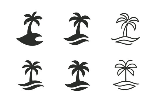 Palm Beach Logo Variations. Palm beach. Set Logo of Palm beach: shoreline wave beneath palm. harmonious logo variations of the same emblematic concept, each