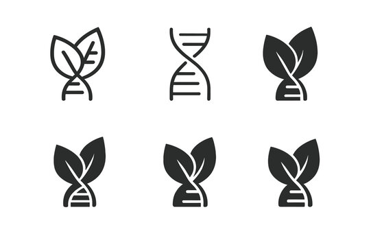 Genetic Modification Logos. Genetic modification. Set Logo of genetic modification: double helix merging with leaf. Icon set. harmonious logo variations of the