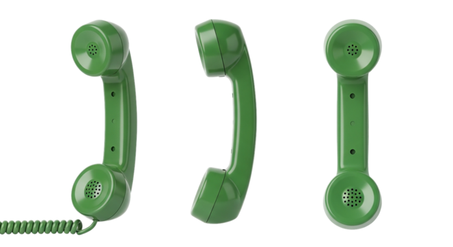 Three green retro telephone handsets displayed against a black background in different orientations