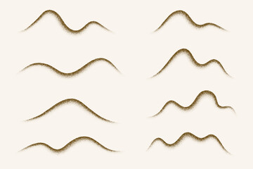 Grainy pattern of dots. Wavy noisy abstract sand brush strokes with stipple effect. Spray vector shapes with halftone gradation. Mountain dusty textured fluid elements.