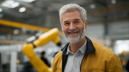 Senior robotics specialist mentoring young apprentices in a clean automated factory, emotion of mentorship visible, symbolizing harmony between tradition and innovation in intelligent engineering