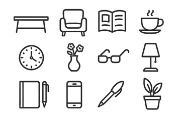 Salon Lobby Icons. Salon lobby essentials. Line outline icon set of salon lobby essentials: table, chair,