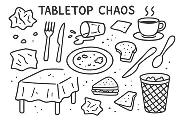 Tabletop Chaos Doodles. Tabletop Chaos. Hand-drawn doodle illustration Tabletop Chaos crumpled napkin, spilled drink, crumbs, fork, knife, plate, coffee cup,