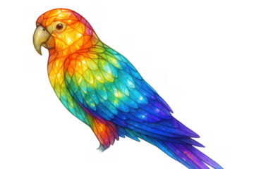 Colorful parrot with stained glass style feathers creating a vibrant fantasy illustration on transparent background