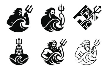 Obraz premium Wind God Logos. A god controlling the winds and the storms. Set Logo of A god controlling the winds and the storms: trident piercing storm wave. Icon set.