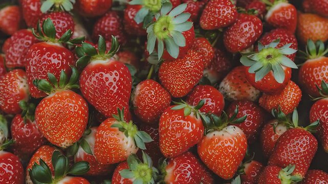 Cinematic Video of Market Counter Filled with Ripe Red Organic Strawberries in Natural Daylight