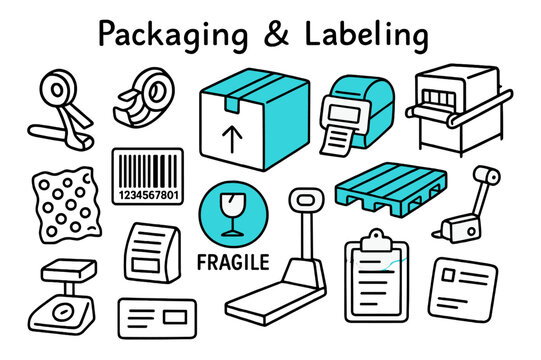 Packaging Essentials Doodle. // Packaging & labeling. Hand-drawn doodle illustration Packaging & labeling [carton box (accented), tape dispenser, label printer