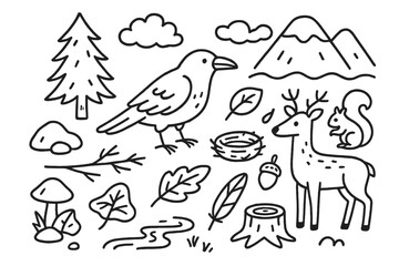 Obraz premium Raven and Forest Doodles. Raven and forest. Hand-drawn doodle illustration Raven and forest pine tree, branch, mushroom, rock, fallen leaf, nest, acorn, river,