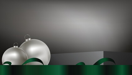 Obraz premium Dark luxury Christmas background with silver ornaments,green ribbon, and gift box stand mockup.Vector elegant holiday sales,premium product display,branding,minimalist festive promotion