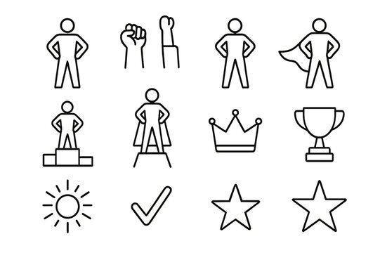 Empowerment Icon Set. Empowerment pose. Line icon set of empowerment pose: person standing tall, arms on hips, raised fist, confident stance, superhero