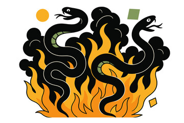 Fototapeta premium Serpents in Fire. Writhing Serpents in Fire. Serpents twisting through fire and smoke with floating abstract geometric shapes, intense and dramatic scene.