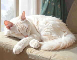 A fluffy cream-colored cat sleeps peacefully on a window seat