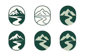 Mountain River Logo Set. Graphic design trends nature inspired design example. Set Logo of graphic design trends nature inspired design example: mountain and