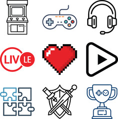 Collection of gaming icons including arcade, controller, headset, and trophy