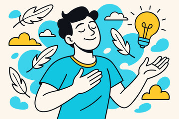 Emotional Release Serenity. A person experiencing a moment of relief after practicing emotional release techniques, surrounded by floating feathers, gentle