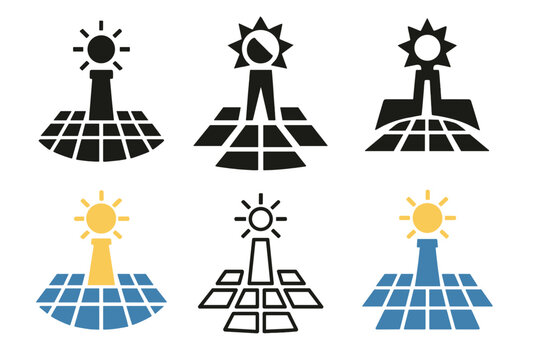 Solar Power Logo Set. Solar power. Icon set. Set Logo of Solar power: CSP tower with heliostat field. harmonious logo variations of the same emblematic