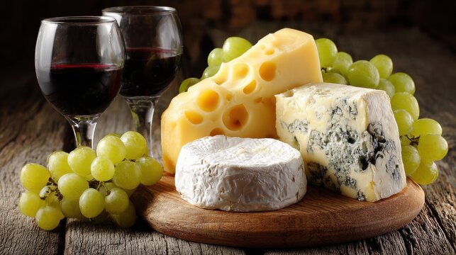 Cheese and Grapes on Wooden Board With Red Wine for Perfect Pairing on a Rustic Table