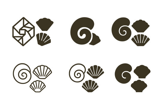 Seashell Logo Variations. Tidal pools and their diverse aquatic life. Set Logo of seashell cluster: spiral and fan shells together. Icon set. harmonious logo