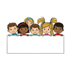 Happy children holding blank sign isolated on transparent background