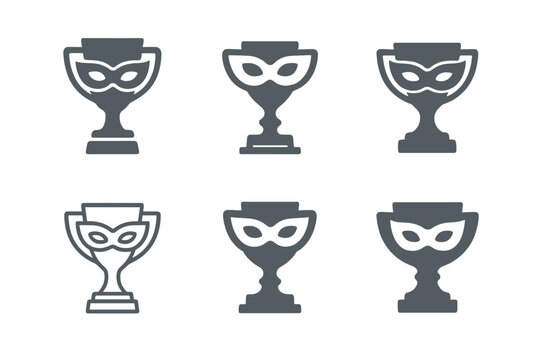 Cosplay Logo Variations. Fan conventions and cosplay events. Set Logo of cosplay contest: trophy with masquerade mask. Icon set. harmonious logo variations of