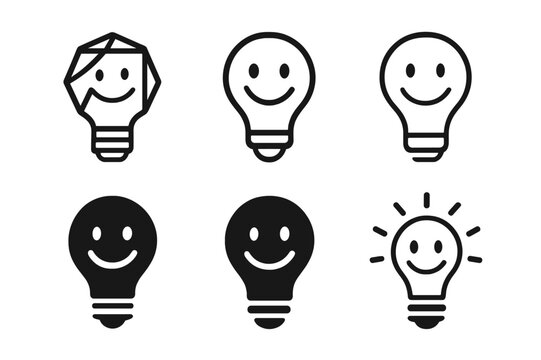 Humorous Logo Variations. Humorous Content. Set Logo of Humorous Content: lightbulb with smile (pun idea). Icon set. harmonious logo variations of the same