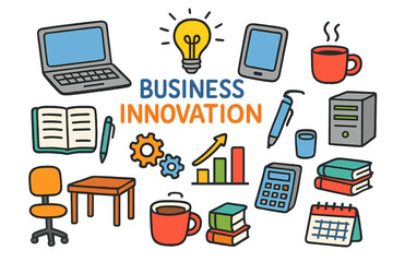 Business Innovation Doodle. business innovation. Colorful Hand-drawn doodle Children illustration business innovation laptop, tablet, smartphone, coffee cup,
