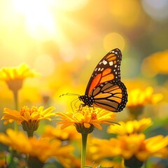 A monarch butterfly perched on a vibrant yellow flower, bathed in sunlight