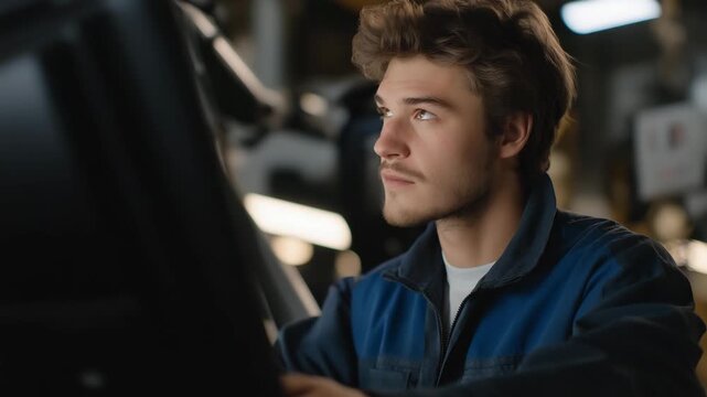 Technician using holographic overlay to operate robotic machinery during interactive industrial training, emotion of determination visible, representing AR-based learning, safety training, and