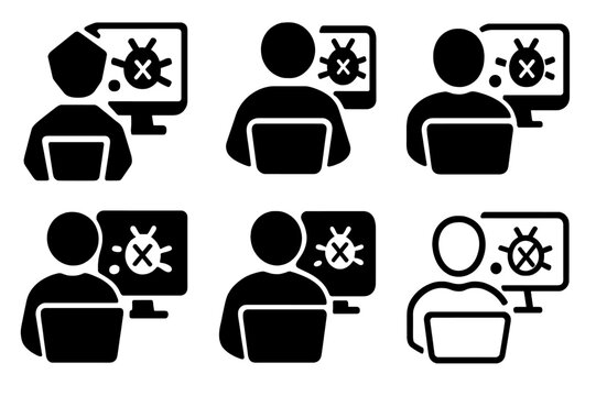 IT Logo Variations. IT professionals and programmers coding. Icon set. Set Logo of IT professionals and programmers coding: debugging bug with breakpoint.