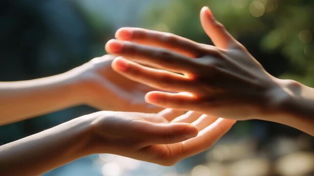 Two hands of one person stretched out, one slightly higher than the other, as if presenting two paths, emotion of uncertainty and hope visible, representing internal deliberation, life choices, and