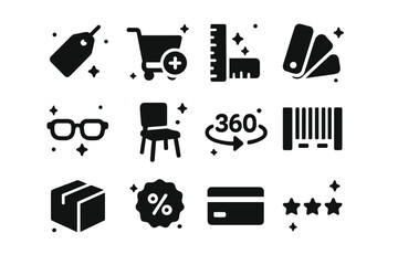 Augmented Reality Icons. augmented reality shopping and retail. Solid icons set of augmented reality shopping and retail: price tag, add to cart, size ruler,
