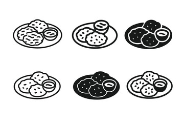 Hanukkah Latkes Logos. Hanukkah celebrations with menorahs and candles. Set Logo of latkes plate: crispy potato pancakes with dip. Icon set. harmonious logo