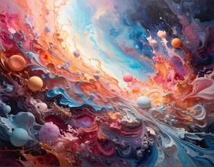 Abstract fluid art exploding with vibrant colors and spherical objects
