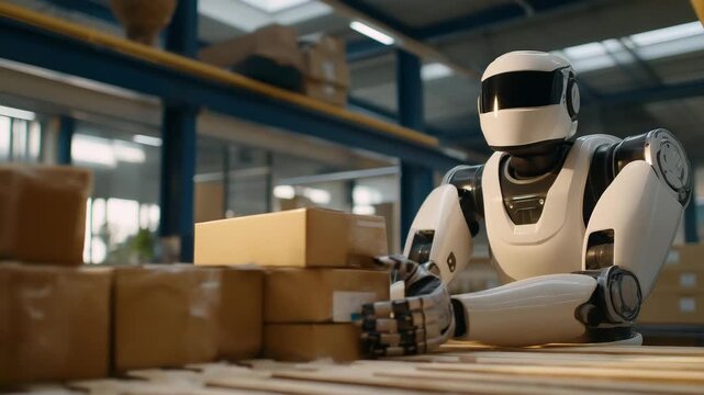 Warehouse environment integrated into research lab where robotic exoskeletons assist workers with heavy lifting, emotion of teamwork and efficiency visible, symbolizing human-robot collaboration, - Powered by Adobe