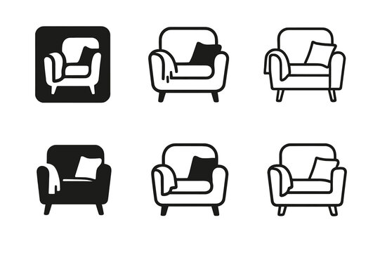Cozy Logo Collection. DIY home decor projects and tutorials. Set Logo of cozy corner: chair, cushion, and throw blanket. Icon set. harmonious logo variations